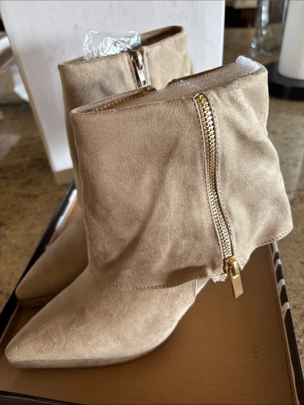 Wild Diva Fold-Over Ankle Booties with Gold Zip - Tan